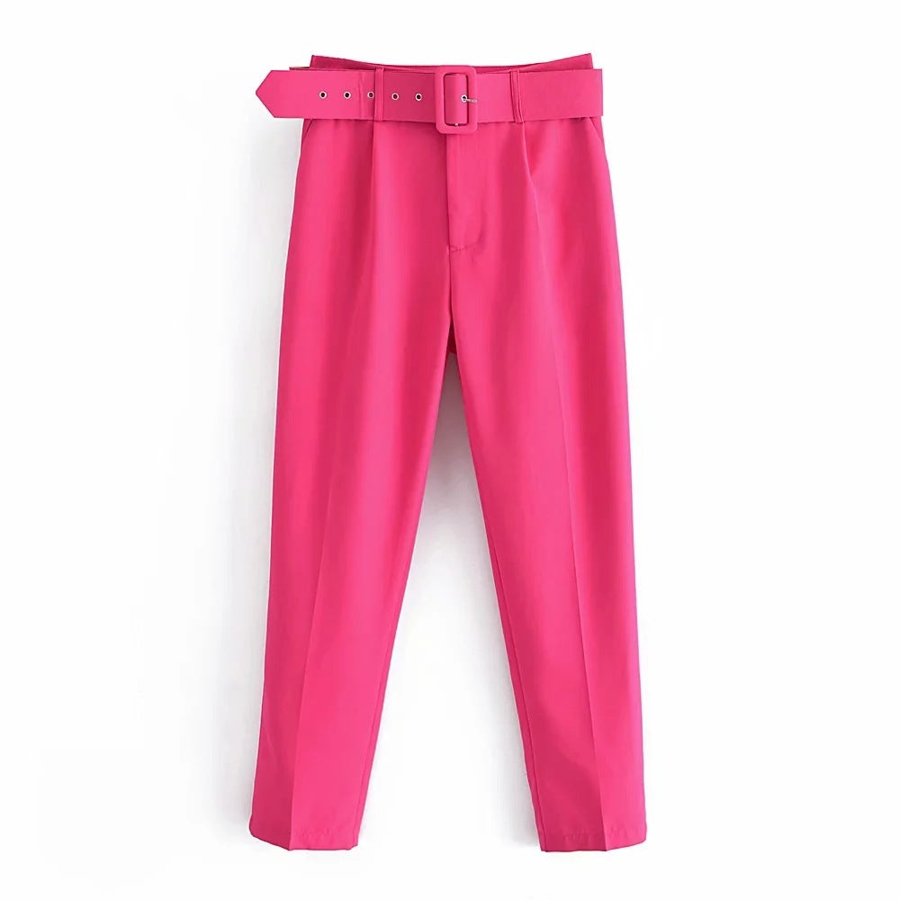 Slim Fit And Slimming Waist Belt Accessories, High Waisted Casual Pants, Yellow Cropped Pants