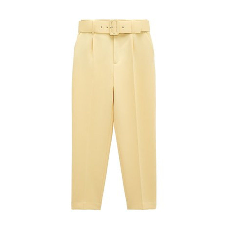 Slim Fit And Slimming Waist Belt Accessories, High Waisted Casual Pants, Yellow Cropped Pants