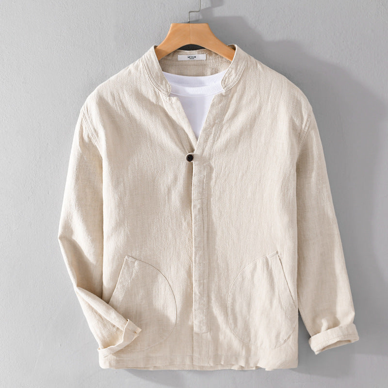 Ramie Long Sleeve Shirt Loose Casual Stand Collar National Style Linen Youth Simplicity