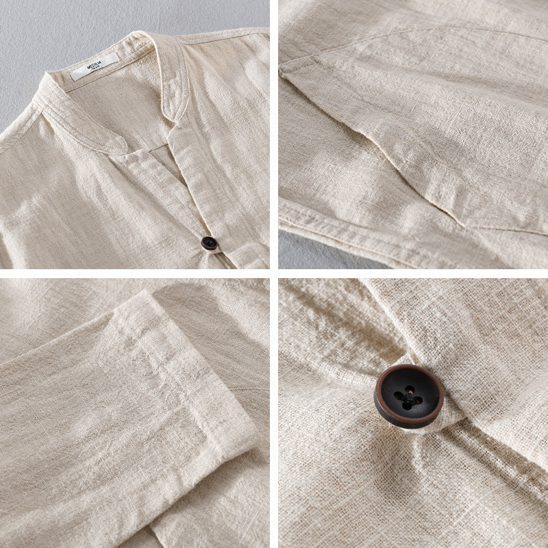 Ramie Long Sleeve Shirt Loose Casual Stand Collar National Style Linen Youth Simplicity