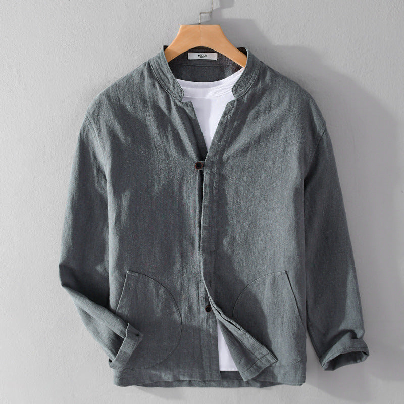Ramie Long Sleeve Shirt Loose Casual Stand Collar National Style Linen Youth Simplicity