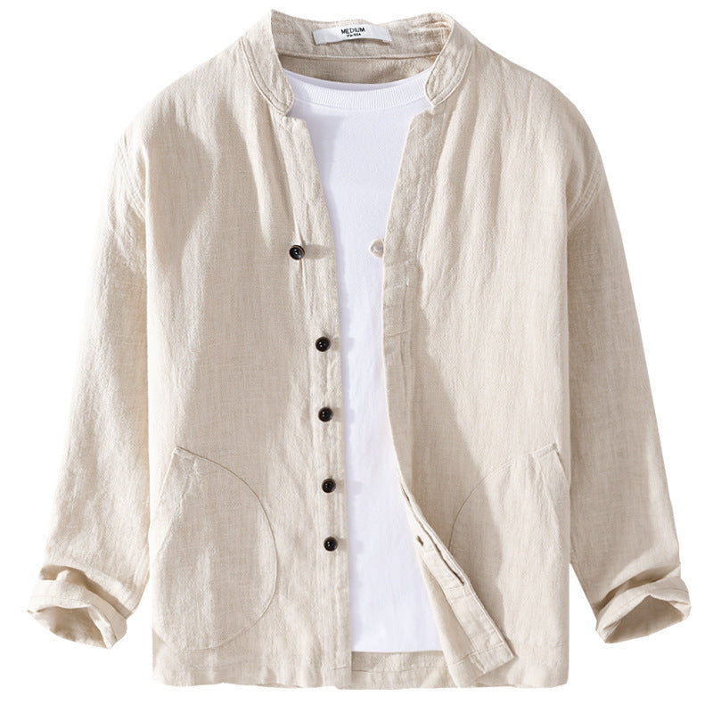 Ramie Long Sleeve Shirt Loose Casual Stand Collar National Style Linen Youth Simplicity