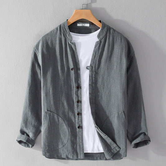Ramie Long Sleeve Shirt Loose Casual Stand Collar National Style Linen Youth Simplicity