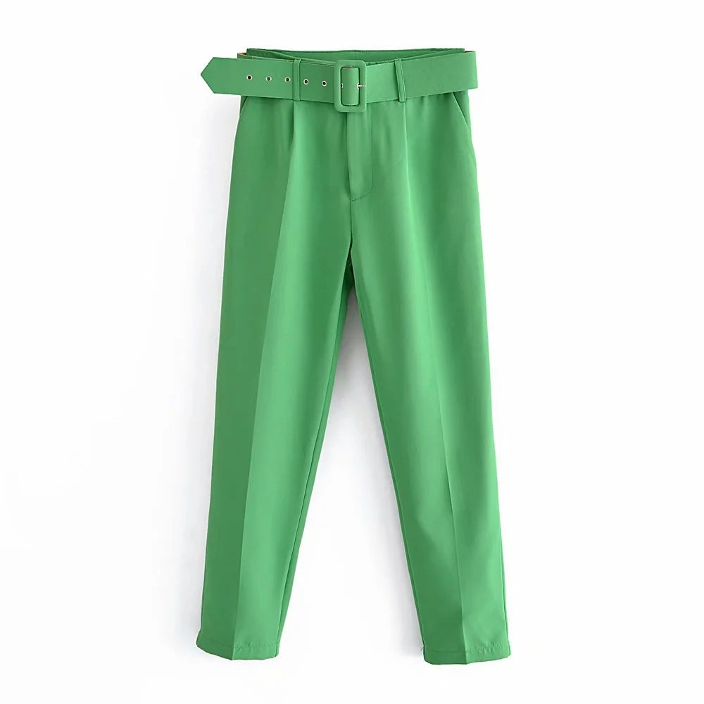 Slim Fit And Slimming Waist Belt Accessories, High Waisted Casual Pants, Yellow Cropped Pants