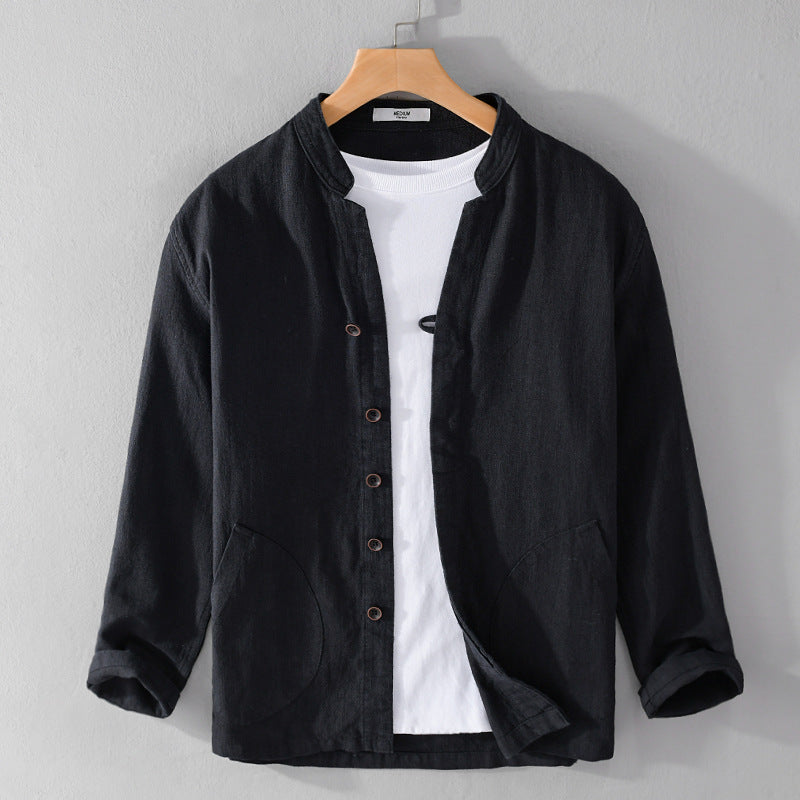 Ramie Long Sleeve Shirt Loose Casual Stand Collar National Style Linen Youth Simplicity