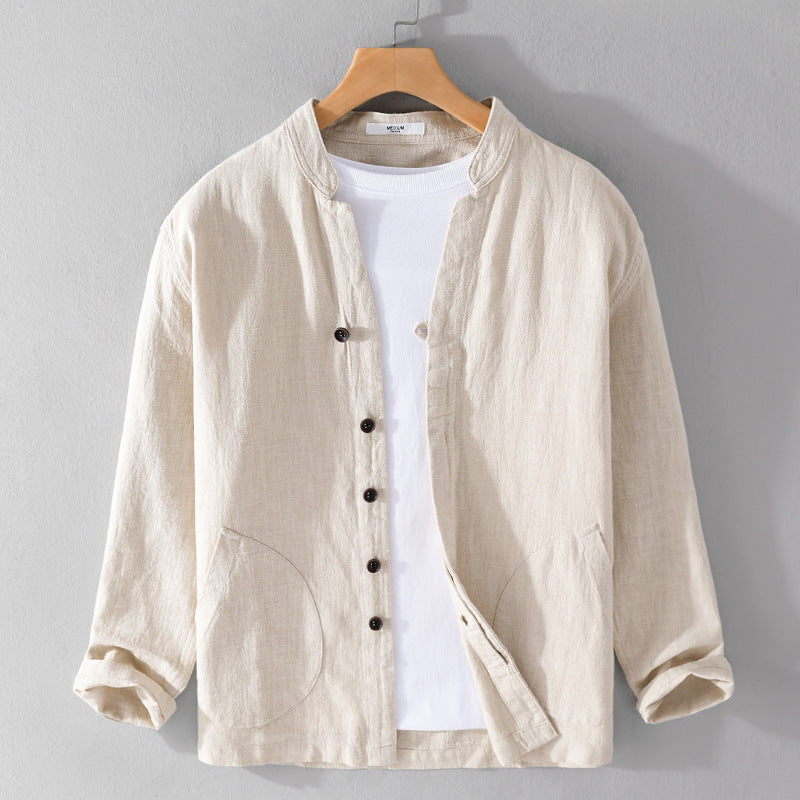 Ramie Long Sleeve Shirt Loose Casual Stand Collar National Style Linen Youth Simplicity