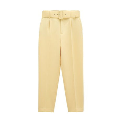 Slim Fit And Slimming Waist Belt Accessories, High Waisted Casual Pants, Yellow Cropped Pants