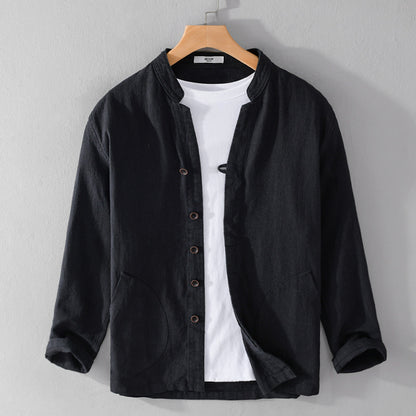 Ramie Long Sleeve Shirt Loose Casual Stand Collar National Style Linen Youth Simplicity