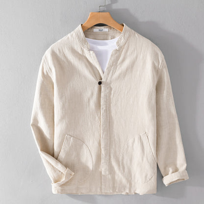 Ramie Long Sleeve Shirt Loose Casual Stand Collar National Style Linen Youth Simplicity
