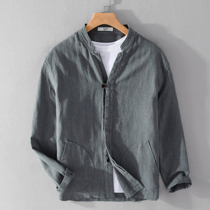 Ramie Long Sleeve Shirt Loose Casual Stand Collar National Style Linen Youth Simplicity