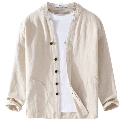 Ramie Long Sleeve Shirt Loose Casual Stand Collar National Style Linen Youth Simplicity