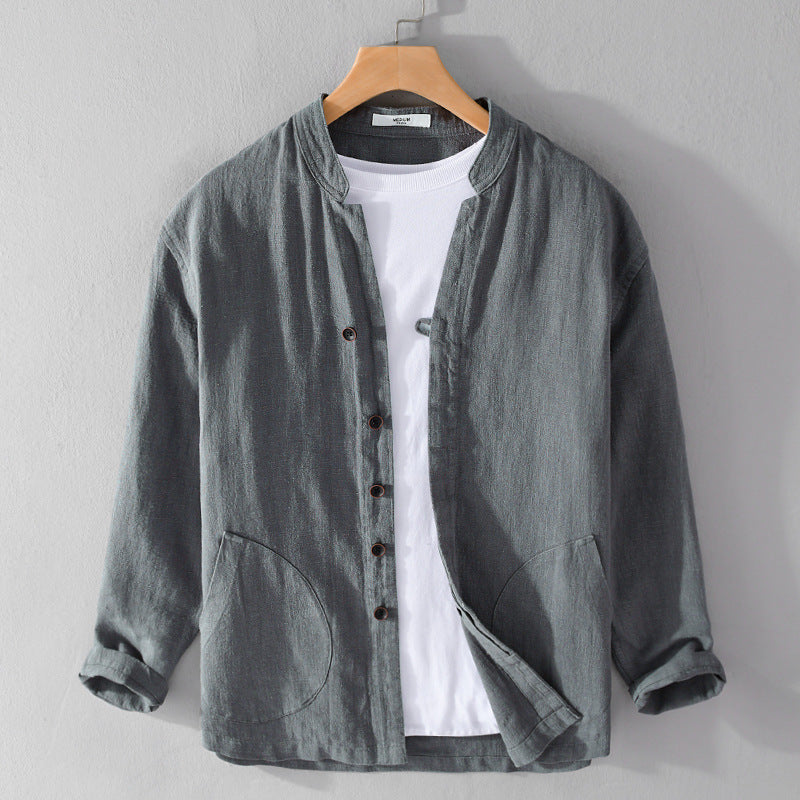 Ramie Long Sleeve Shirt Loose Casual Stand Collar National Style Linen Youth Simplicity