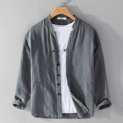 Ramie Long Sleeve Shirt Loose Casual Stand Collar National Style Linen Youth Simplicity