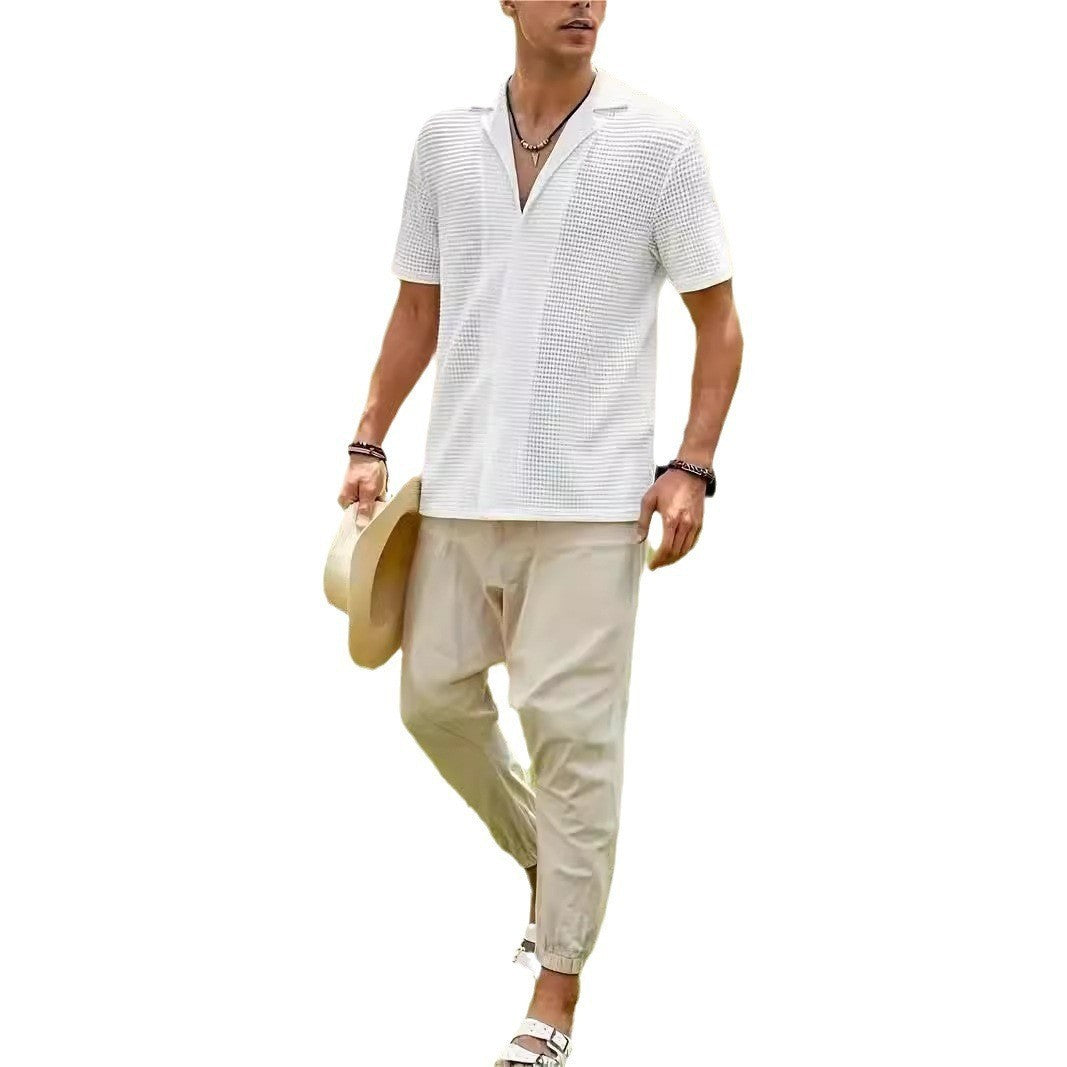 European And American Men's Fashion Short-sleeved Casual Waffle Top T-shirt Shirt