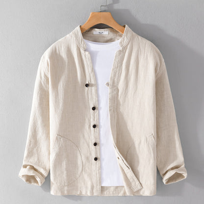 Ramie Long Sleeve Shirt Loose Casual Stand Collar National Style Linen Youth Simplicity
