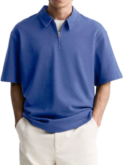 Men's Casual Zipper Polo Shirt Summer Comfortable Breathable Lapels Short-sleeved Top